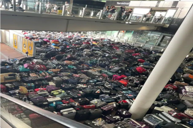 Auf dem Londoner Flughafen Heathrow stürzen unzählige Koffer zusammen